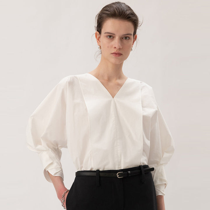 Damen modische Bluse mit voluminösen Ärmeln und v-förmigem Ausschnitt Drune