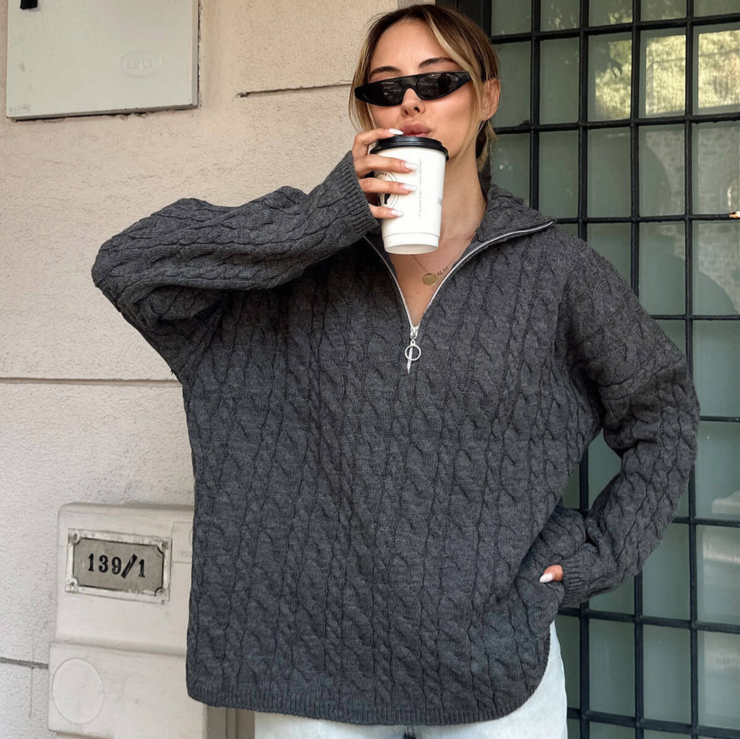 Damen Strickpullover mit halbem Reißverschluss und Zopfmuster Drune