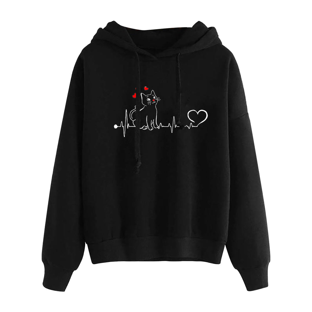 Damen nan leichter Oversize Kapuzenpullover mit Herz‑EKG‑Motiv, langen Kordeln und elastischem Bund Drune