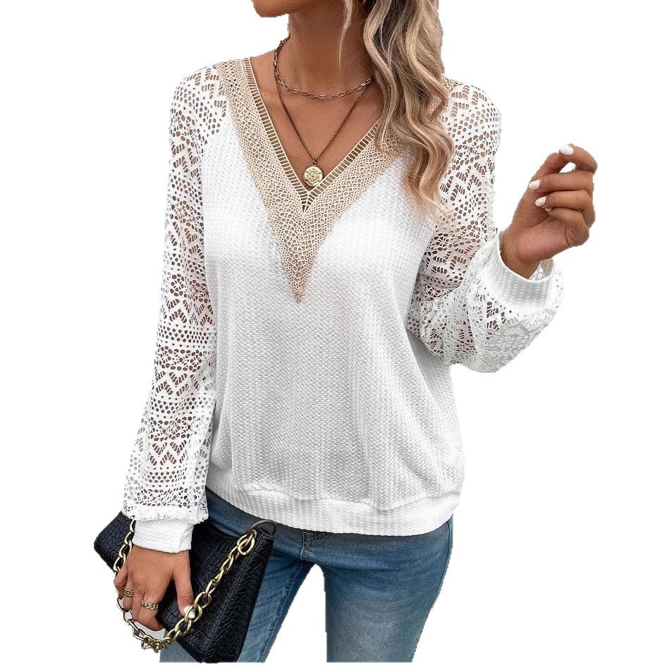 Damen Elegantes V-Ausschnitt Shirt mit Spitzenärmeln Drune