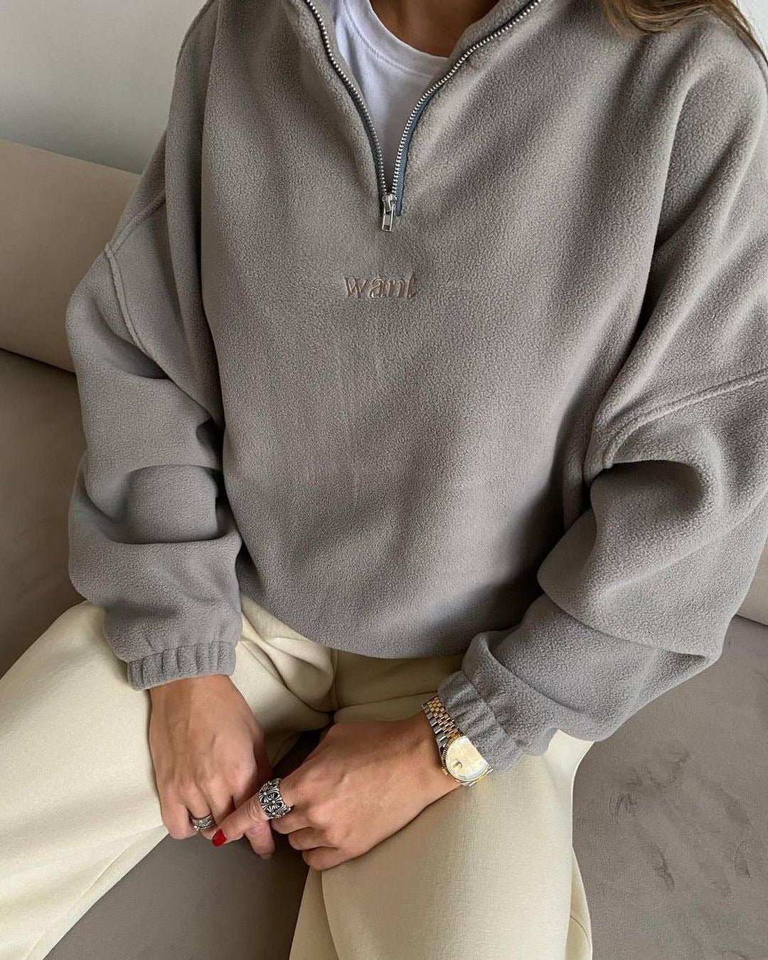 Damen Fleece-Halbzip-Sweatshirt oversized mit Stehkragen, Kängurutasche-Optik und elastischen Bündchen Drune