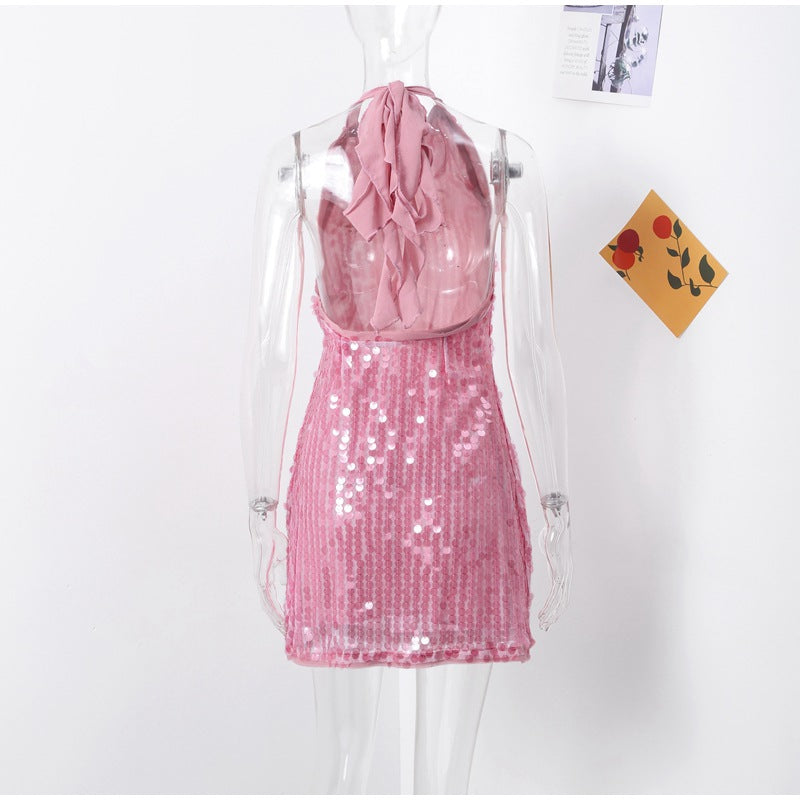 Damen Glamouröses Pailletten-Minikleid mit haltem Ausschnitt Drune