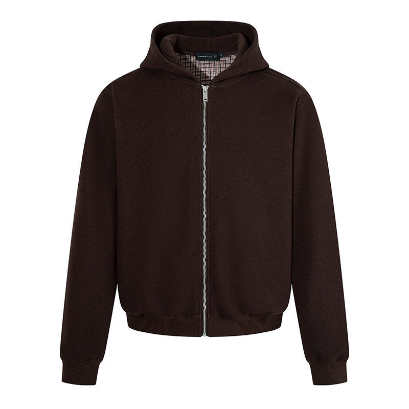 Herren Kapuzen‑Sweatjacke mit karierter Kapuzenfütterung, Metallreißverschluss und geripptem Saum Drune