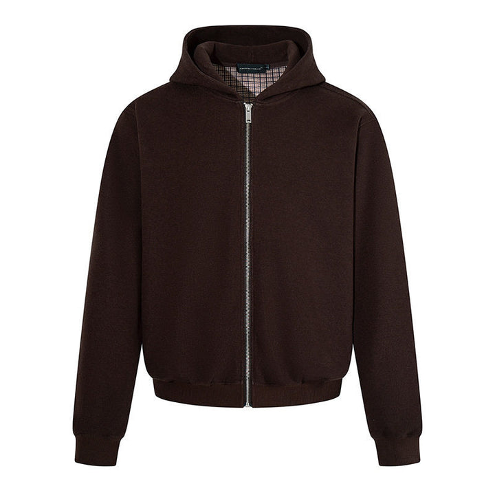Herren Kapuzen‑Sweatjacke mit karierter Kapuzenfütterung, Metallreißverschluss und geripptem Saum Drune