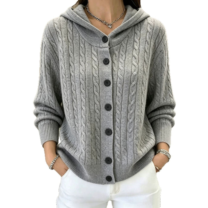 Damen Kapuzen-Cardigan mit Zopfmuster und durchgehender Knopfleiste Drune