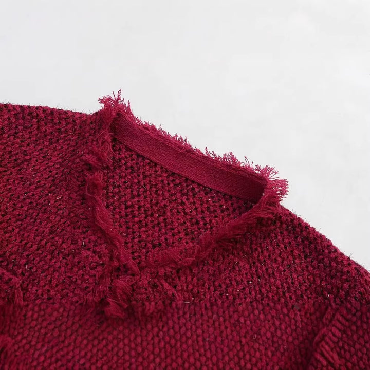 Damen kurze Bouclé‑Tweed‑Jacke mit Fransenbesatz, aufgesetzten Pattentaschen und Rundhalsausschnitt Drune