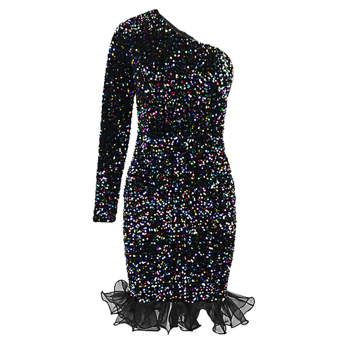 Damen Glitzerndes Abendkleid mit asymmetrischem Schnitt und Rüschenabschluss Drune