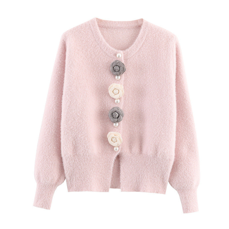 Damen stylische Strickjacke mit einzigartigen Blumenapplikationen Drune
