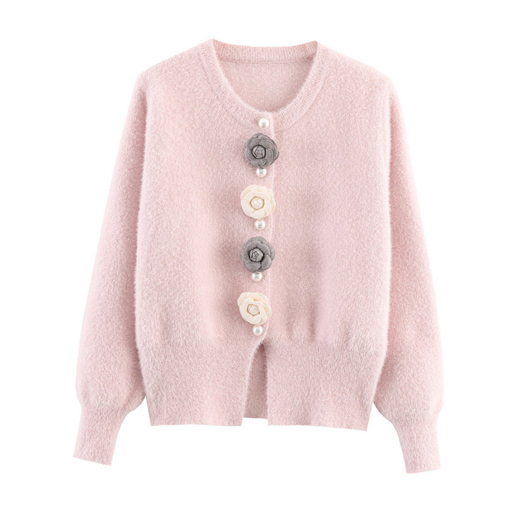 Damen stylische Strickjacke mit einzigartigen Blumenapplikationen Drune