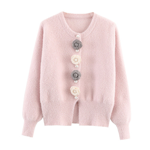 Damen stylische Strickjacke mit einzigartigen Blumenapplikationen Drune