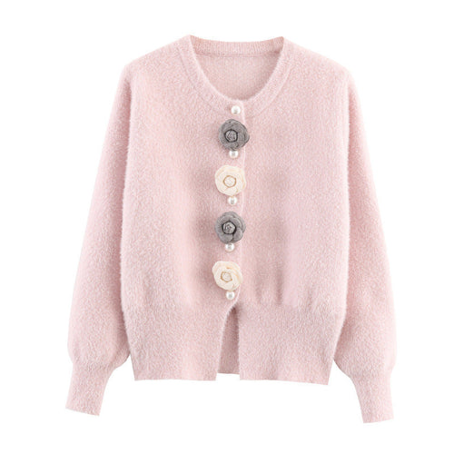 Damen stylische Strickjacke mit einzigartigen Blumenapplikationen Drune