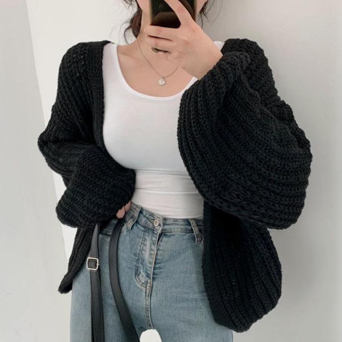 Damen grob gestrickte Oversized Cardigan mit tiefem V-Ausschnitt Drune