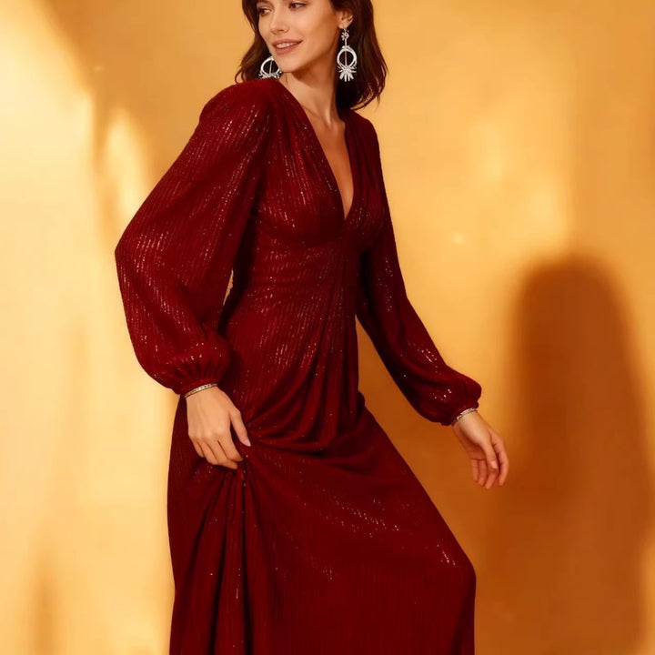 Damen Elegantes Abendkleid mit funkelndem Stoff und tiefem V-Ausschnitt Drune
