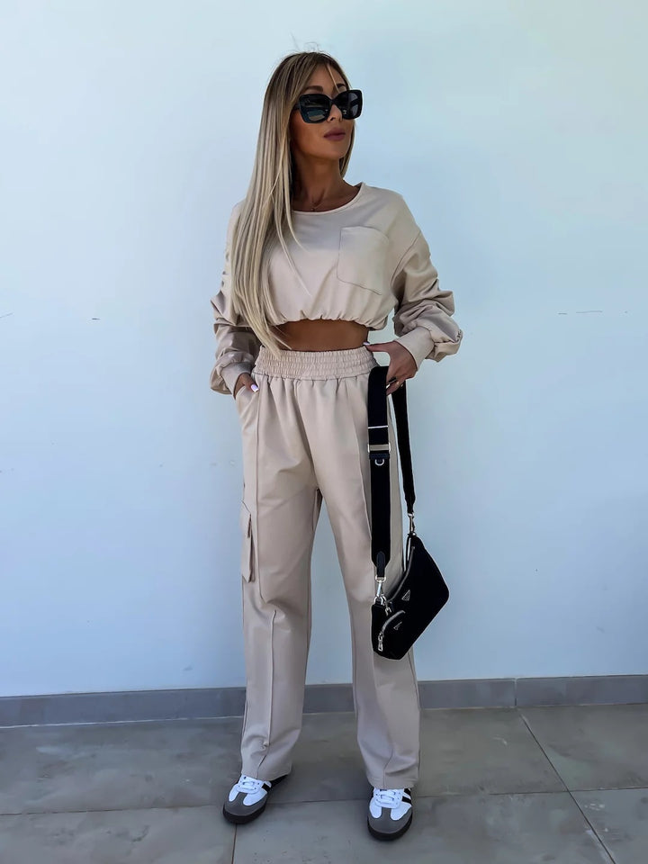 Damen lässiges Set mit cropped Oberteil und weit geschnittener Hose Drune