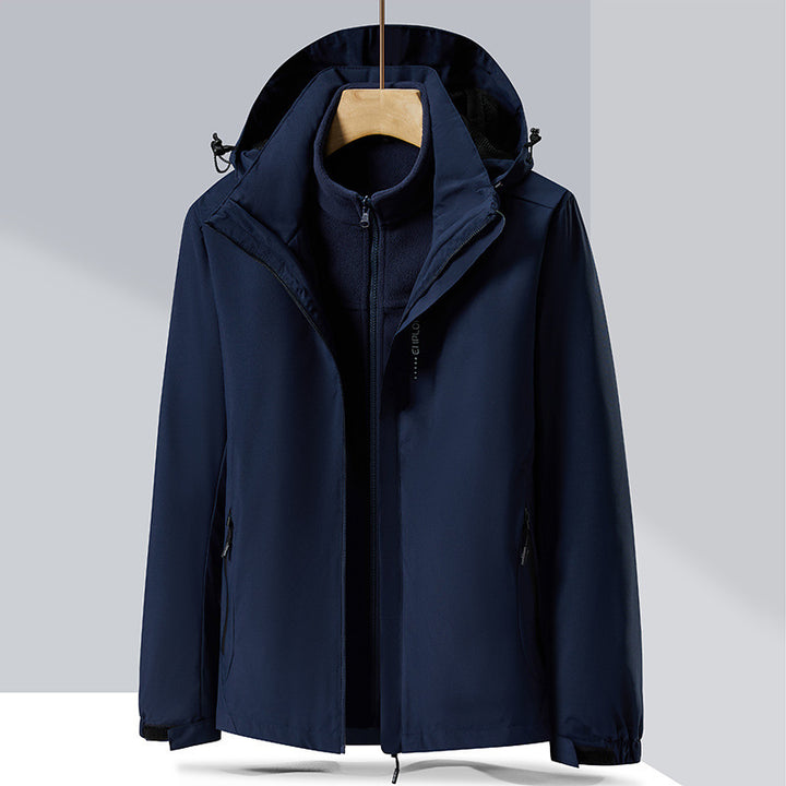 Herren zweilagige Softshell-Regenjacke mit abnehmbarem Fleece‑Innenlayer und verstellbarer Kapuze Drune