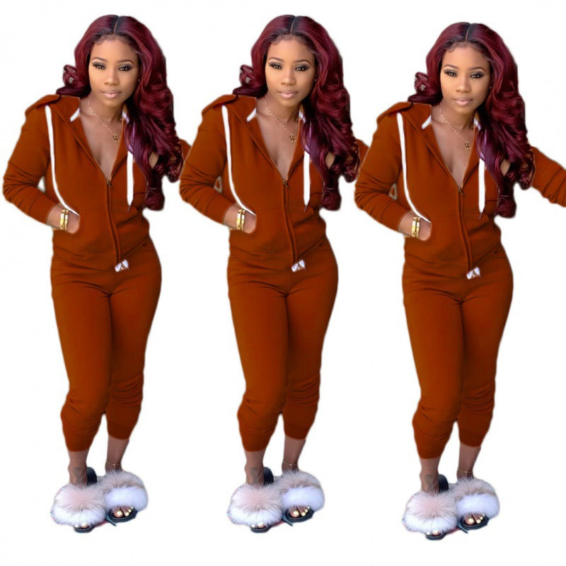 Damen tailliertes Kapuzen‑Sweatdress‑Set mit Reißverschluss und enganliegender Jogginghose Drune