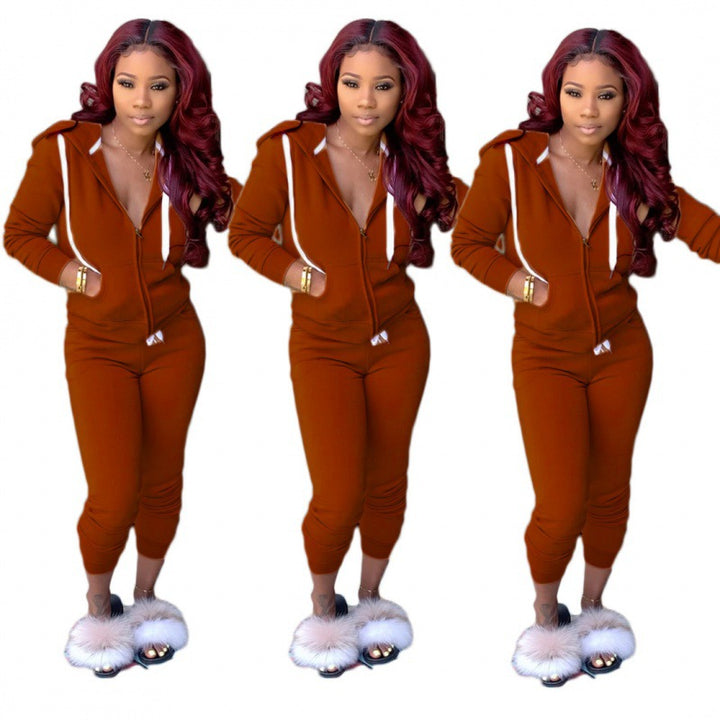 Damen tailliertes Kapuzen‑Sweatdress‑Set mit Reißverschluss und enganliegender Jogginghose Drune