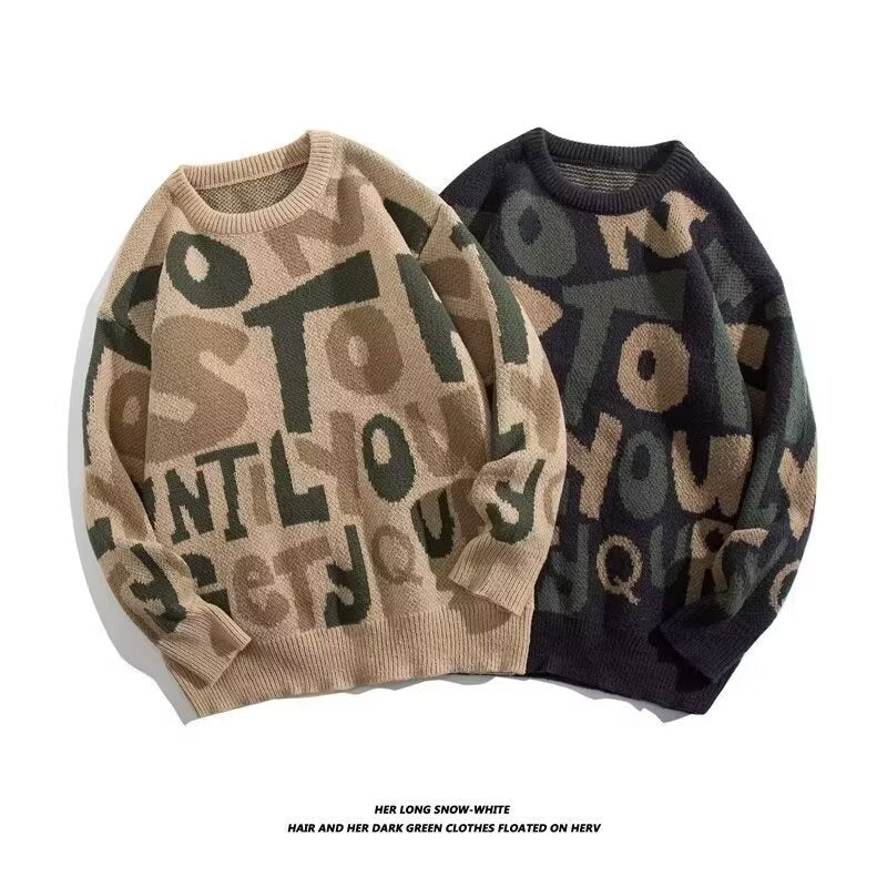 Damen Grobstrickpullover mit kreativen Schriftzügen Drune