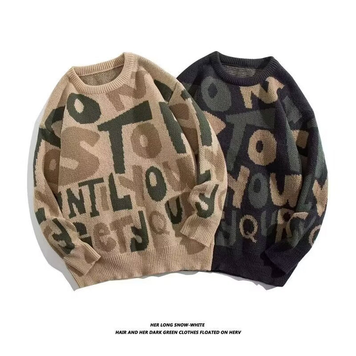 Damen Grobstrickpullover mit kreativen Schriftzügen Drune