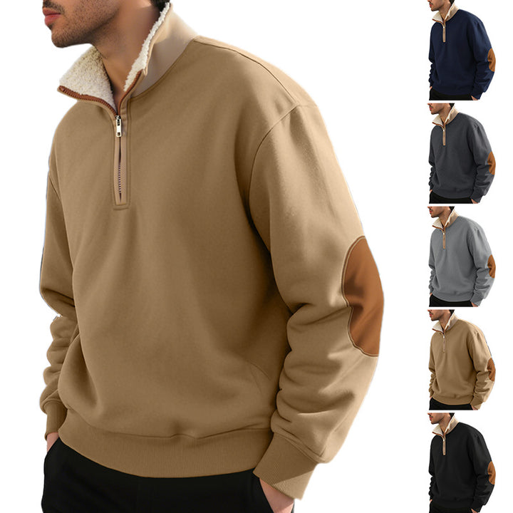 Herren nan legeres Halbzip-Sweatshirt mit Sherpagefüttertem Stehkragen und Kunstleder-Ellenbogenapplikation Drune