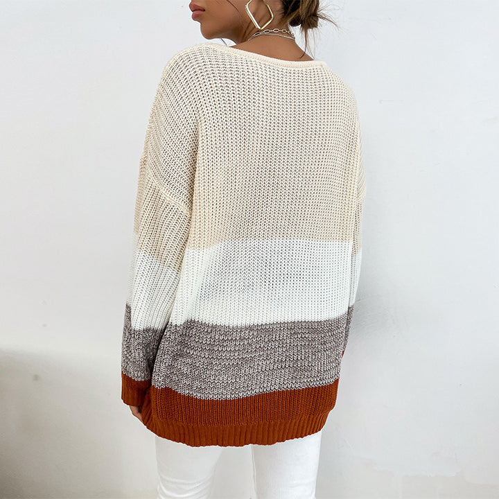 Damen Grobstrick-Colorblock-Pullover, Oversize mit Rundhalsausschnitt und verlängerten Ärmelbündchen Drune