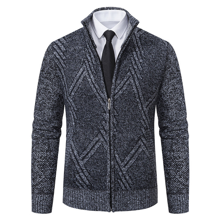 Herren Feiner Jacquard-Cardigan mit durchgehendem Reißverschluss, Stehkragen und Eingrifftaschen Drune