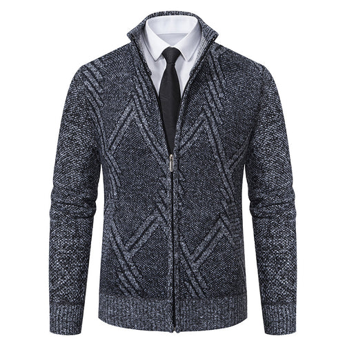 Herren Feiner Jacquard-Cardigan mit durchgehendem Reißverschluss, Stehkragen und Eingrifftaschen Drune