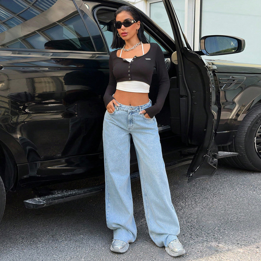 Damen High‑Waist Oversize-Jeans mit weitem Bein und seitlichen Keilschlitzen Drune