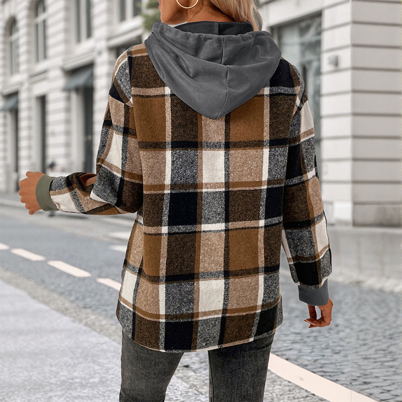 Damen Modische Kapuzenjacke mit Karomuster Drune