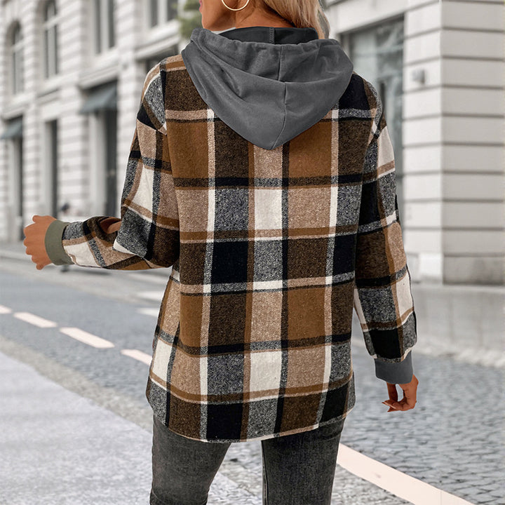 Damen Modische Kapuzenjacke mit Karomuster Drune