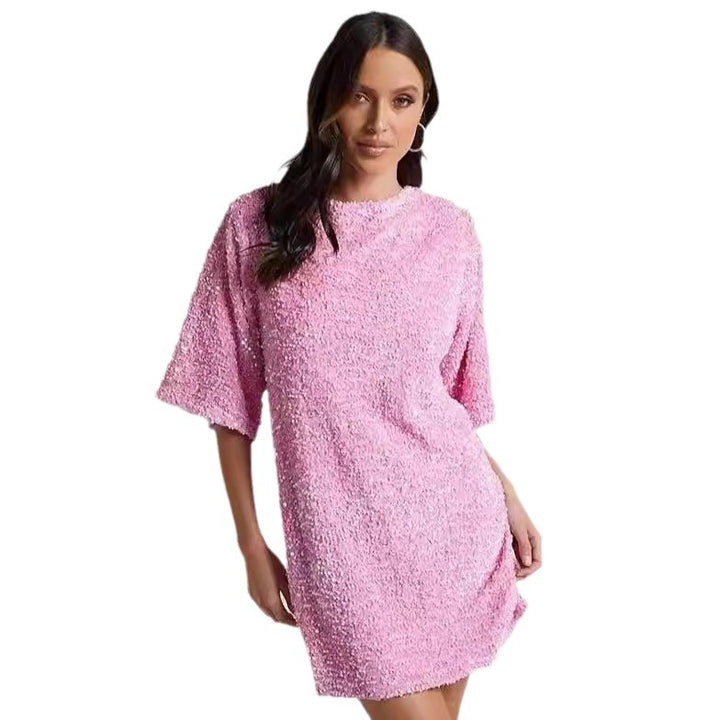 Damen Funkelndes Pailletten-Kleid mit lockeren Ärmeln und Rundhalsausschnitt Drune