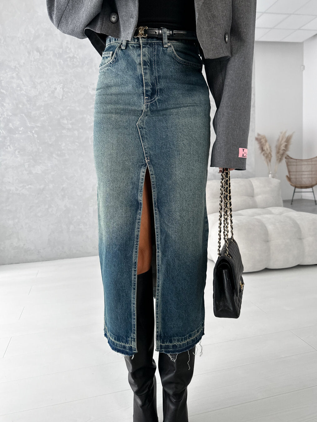 Damen Jeansrock mit hohem Schlitz im modernen Used-Look Drune