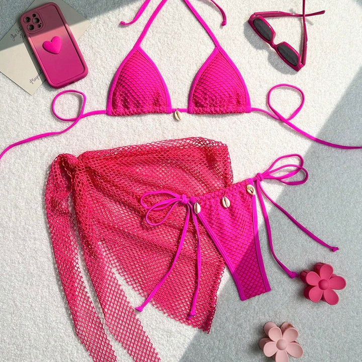Damen Triangel-Bikini mit transparentem Netzgewebe und Schnürdetails Drune