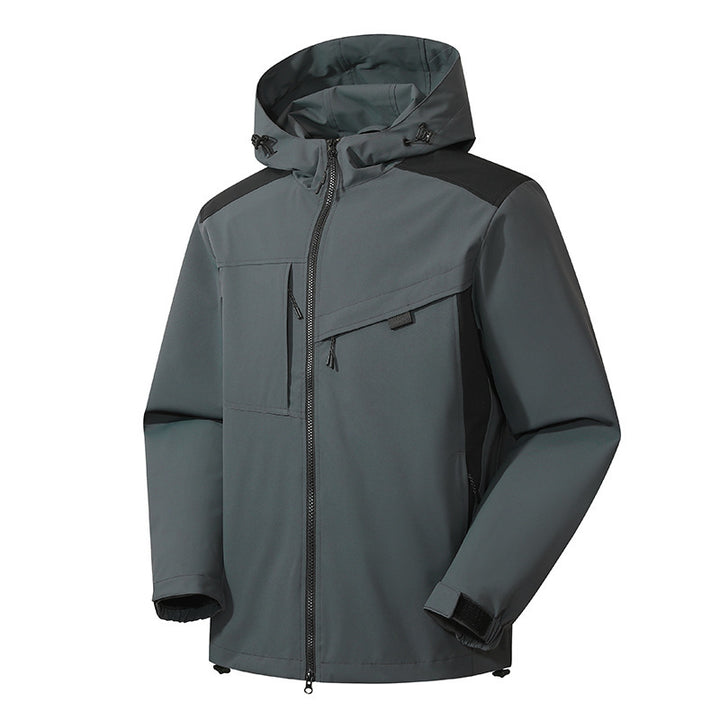 Herren technische Softshelljacke mit Kapuze, diagonalem Brustfach und Multifach-Reißverschlusstaschen Drune