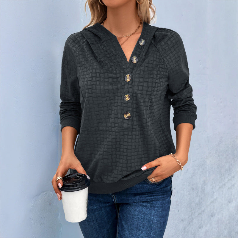 Damen Texturiertes Kapuzen-Henley-Pullover mit Knopfleiste und Kängurutasche Drune