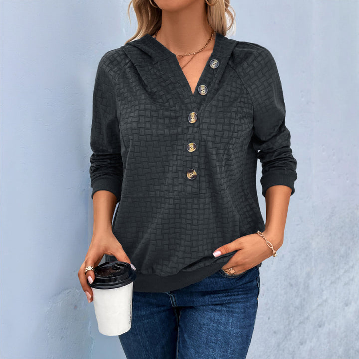 Damen Texturiertes Kapuzen-Henley-Pullover mit Knopfleiste und Kängurutasche Drune