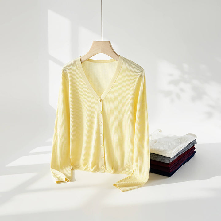 Damen Klassischer Feiner Rippen-Cardigan mit tiefem V-Ausschnitt und schmaler Silhouette Drune