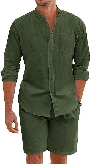 Herren nan Leinenoptik-Zweiteiler mit Stehkragen-Hemd, Brusttasche und legeren Shorts Drune