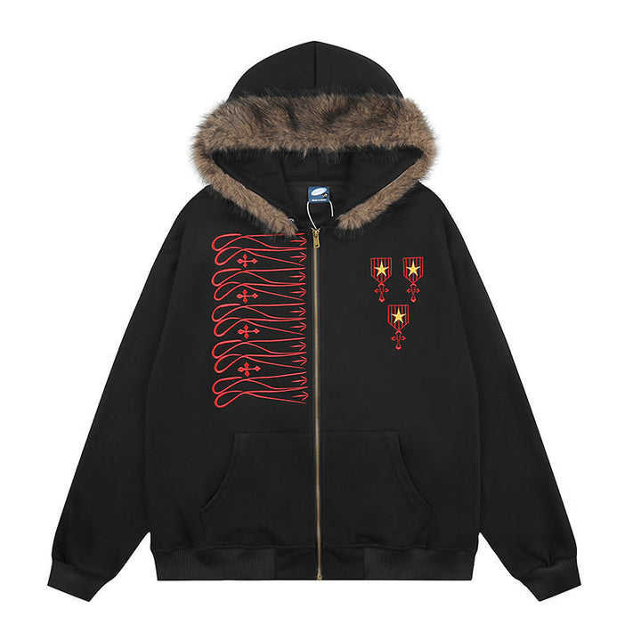 Unisex Kapuzen-Sweatjacke mit kunstfellbesetzter Kapuze, Reißverschluss und gestickten Abzeichen Drune