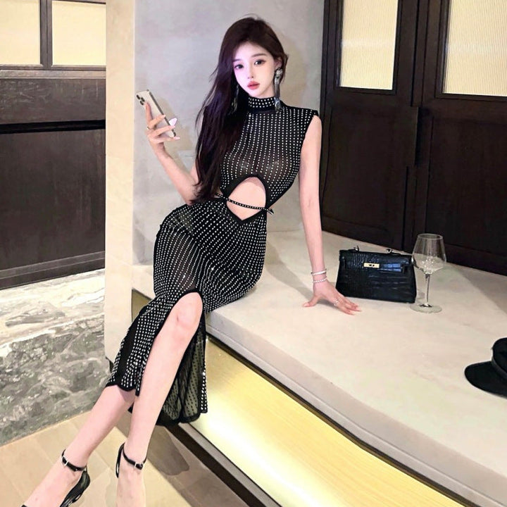 DruneMODE | Sexy Mesh Durchsichtig Strass Hollow Split Bodycon Kleid