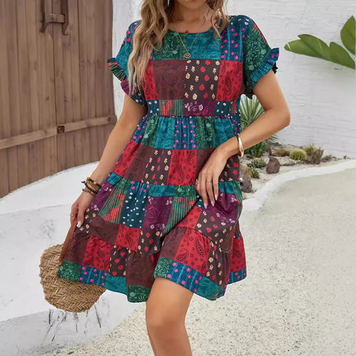 Damen Lockeres Kurzarmkleid mit patchworkartigem Design Drune