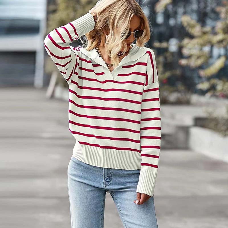 Drune | Pullover - Damen Winter Kragen Gestreifter Strickpullover