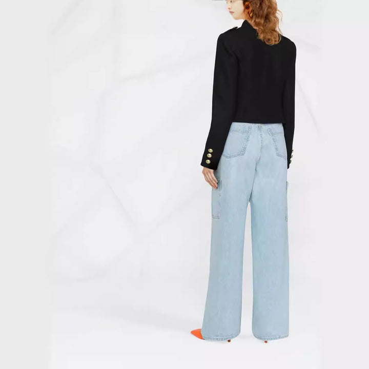 Damen Taillierter Kurzer Military‑Blazer mit Zierknöpfen und Stehkragen Drune