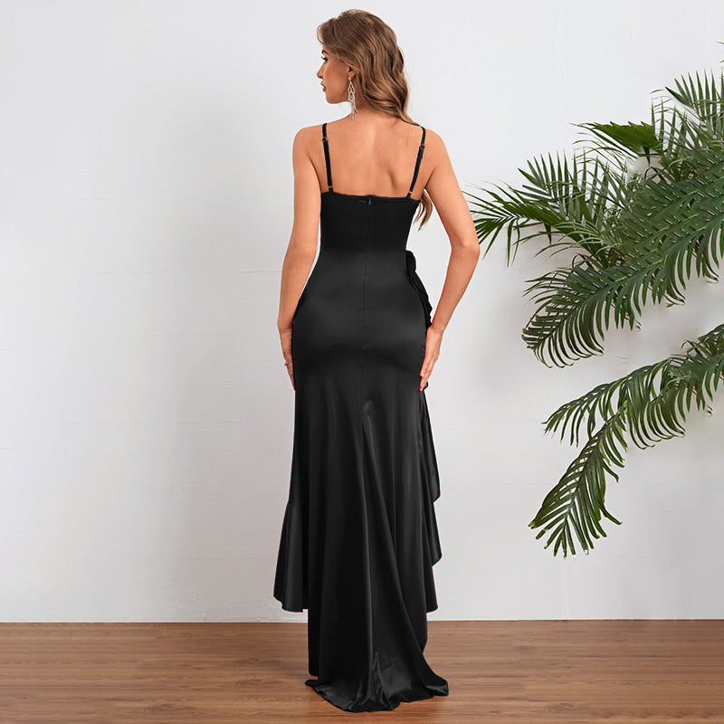 Damen elegantes Maxikleid mit asymmetrischem Rüschensaum und taillierter Silhouette Drune