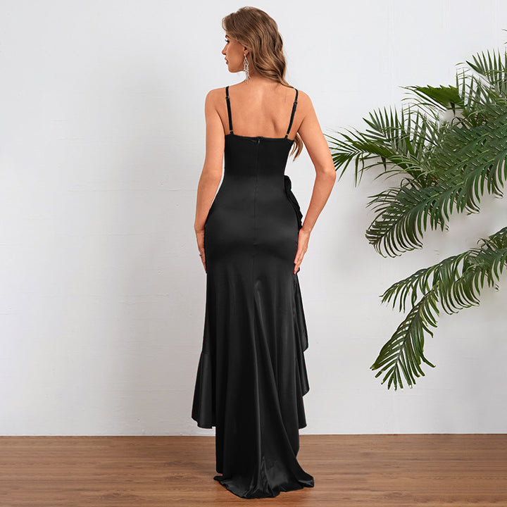 Damen elegantes Maxikleid mit asymmetrischem Rüschensaum und taillierter Silhouette Drune