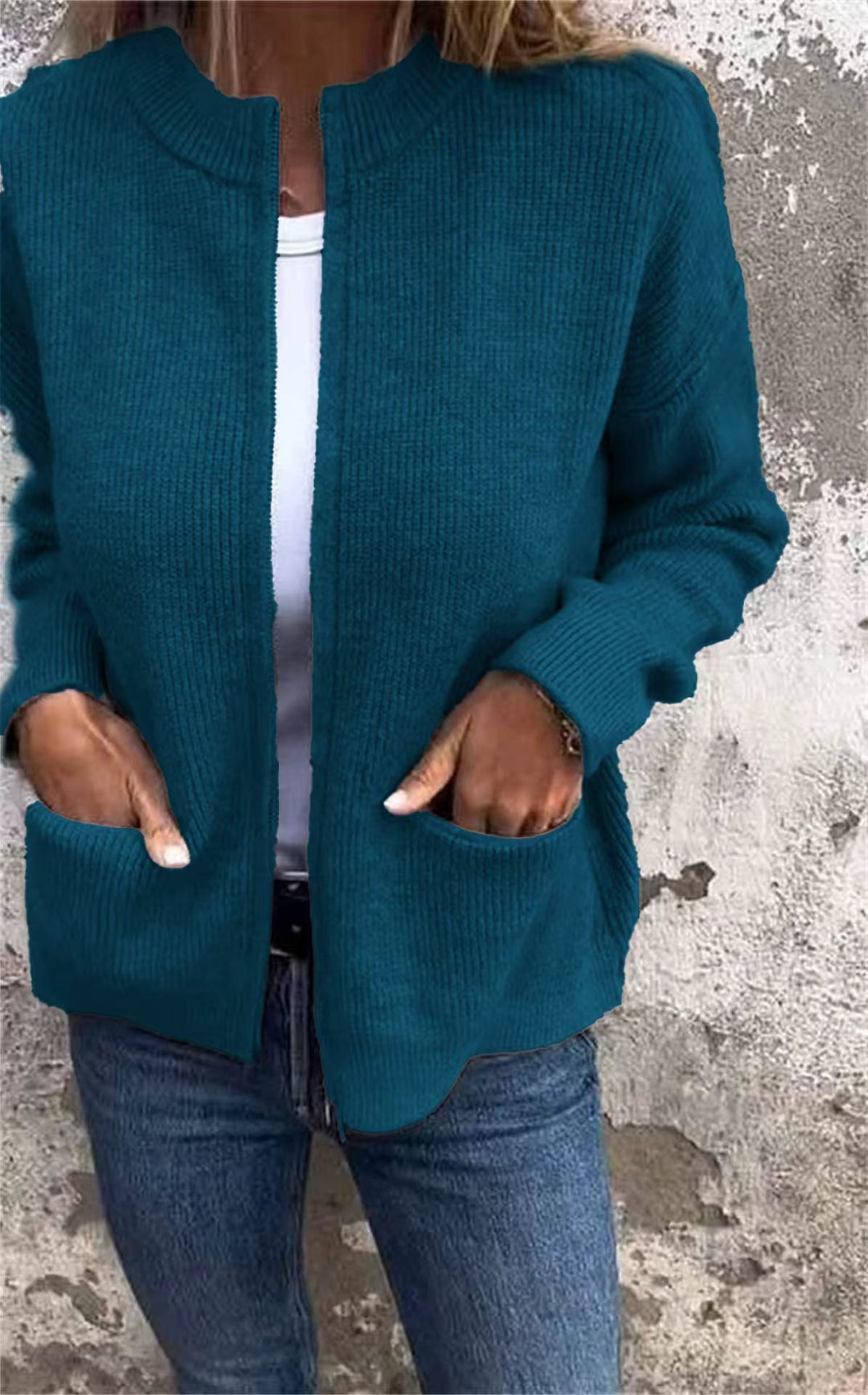 Damen Offene Strickjacke mit Rundhalsausschnitt, Eingrifftaschen und Relaxed-Fit Drune