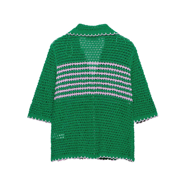 Damen Häkelstrickjacke mit kurzem Arm, Knopfleiste und Vintage-Kragen Drune