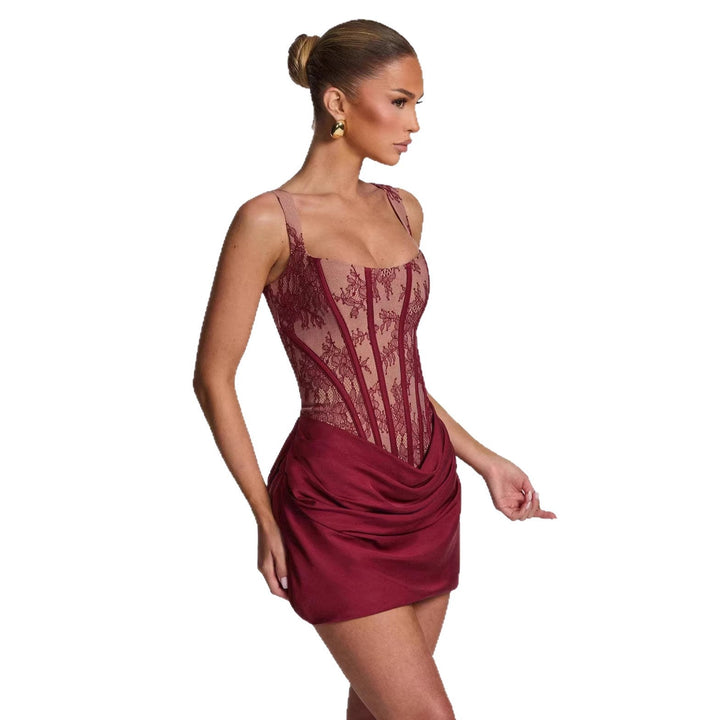 Damen Korsett-Kleid mit luxuriösen Spitzenakzenten und drapiertem Rock Drune