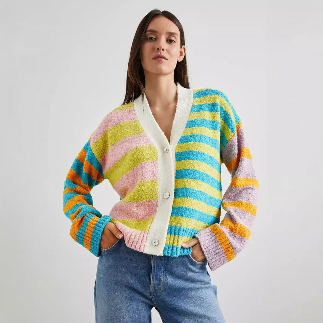 Damen lockerer gestreifter Frottee-Cardigan mit V-Ausschnitt und Knopfleiste Drune