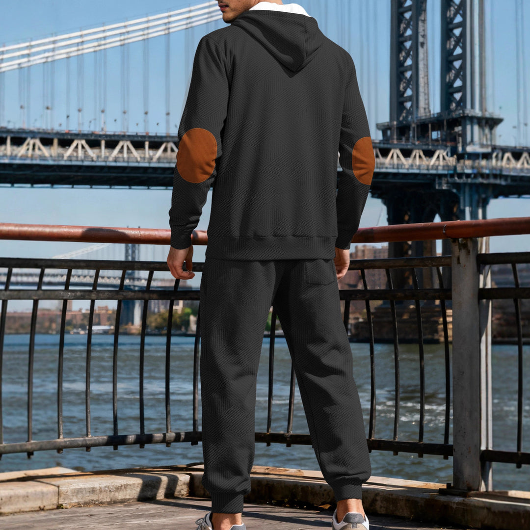 Herren nan strukturiertes Kapuzen-Joggingset mit Henley-Knopfleiste und Kontrast-Ellenbogenpatches Drune